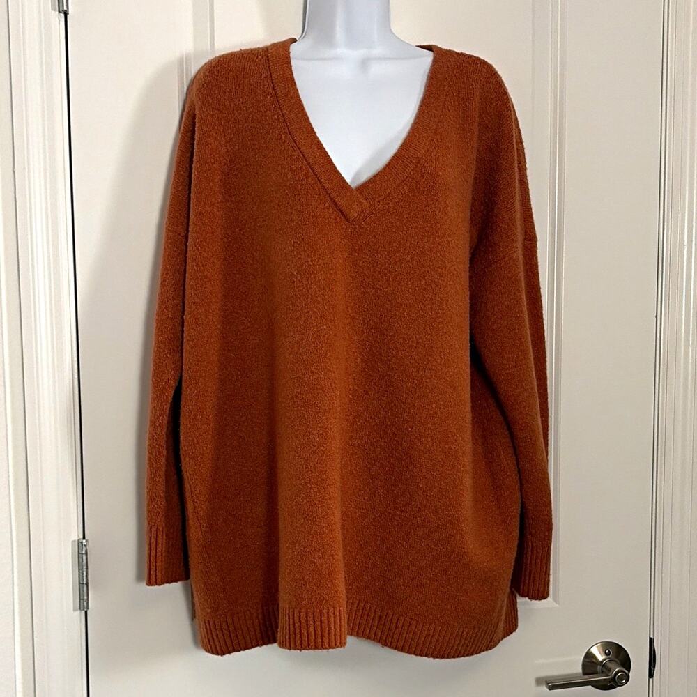 French Connection Women’s Rust V-Neck Knit Pullover Oversized Dolman Sweater L